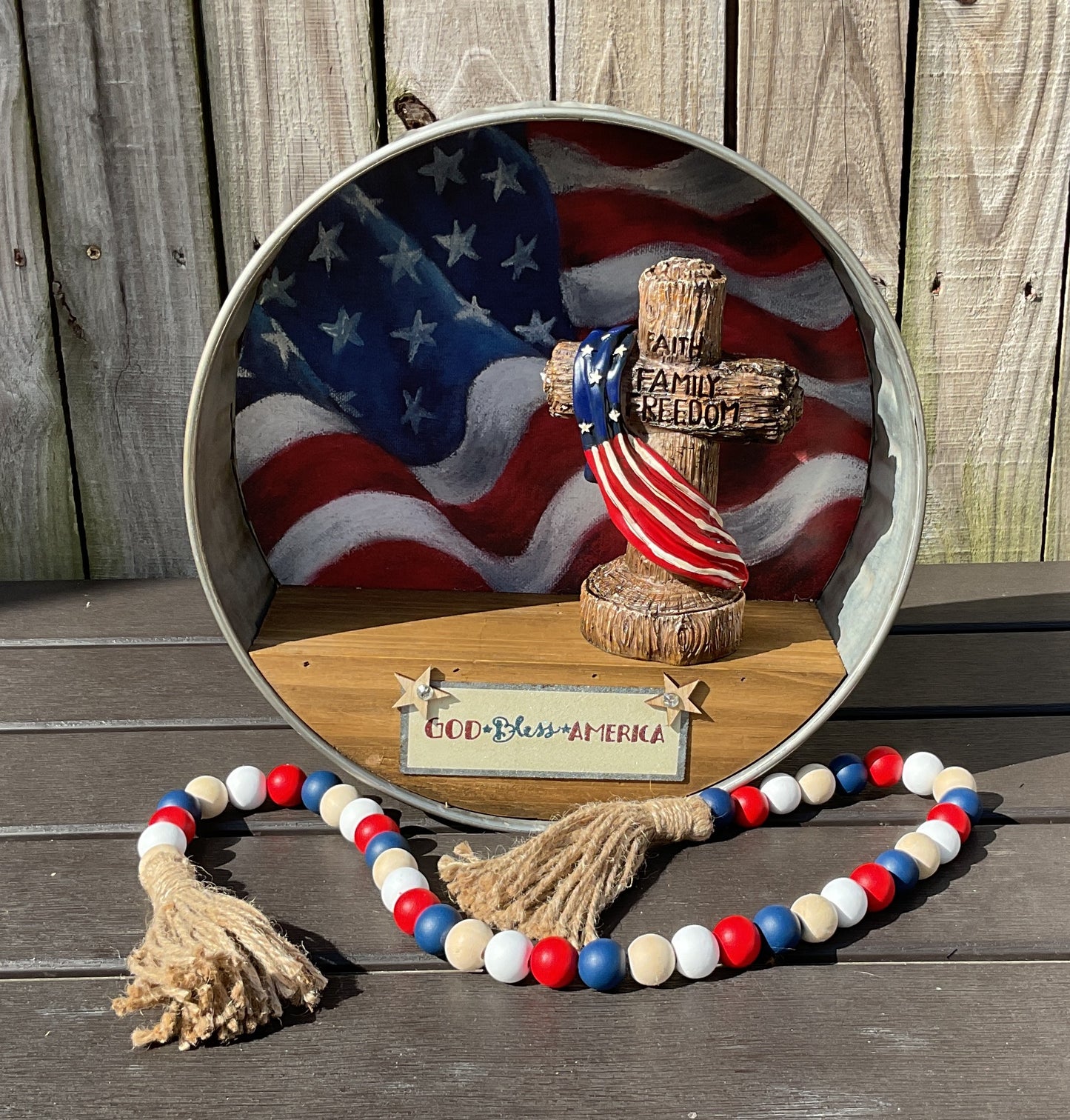 AGSD Patriotic Decor - July 4th Resin Lighted Cross Galvanized Shelf 3pc