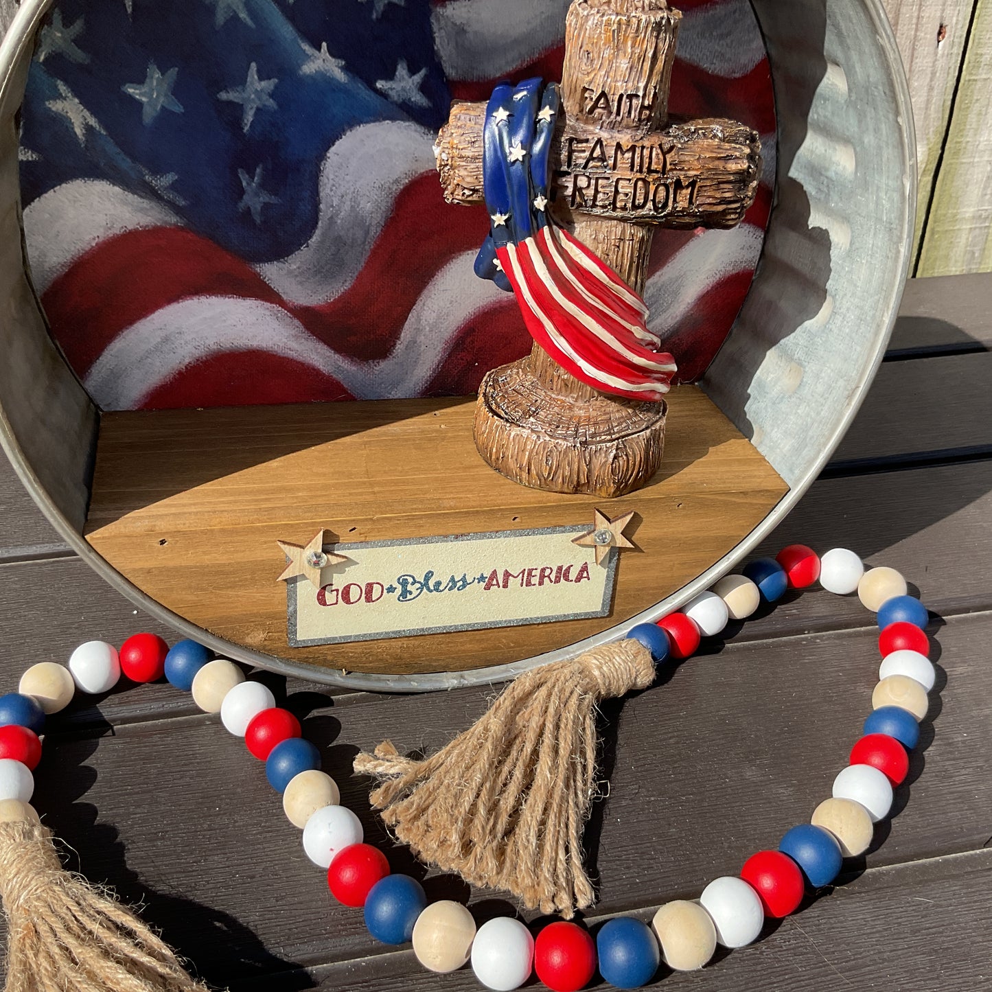 AGSD Patriotic Decor - July 4th Resin Lighted Cross Galvanized Shelf 3pc