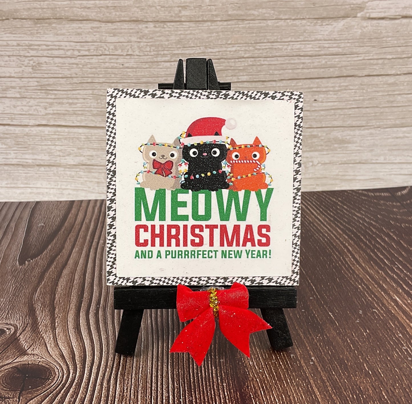 Meowy Christmas Cat Easel Sign | Mini Tiered Tray Holiday Decor