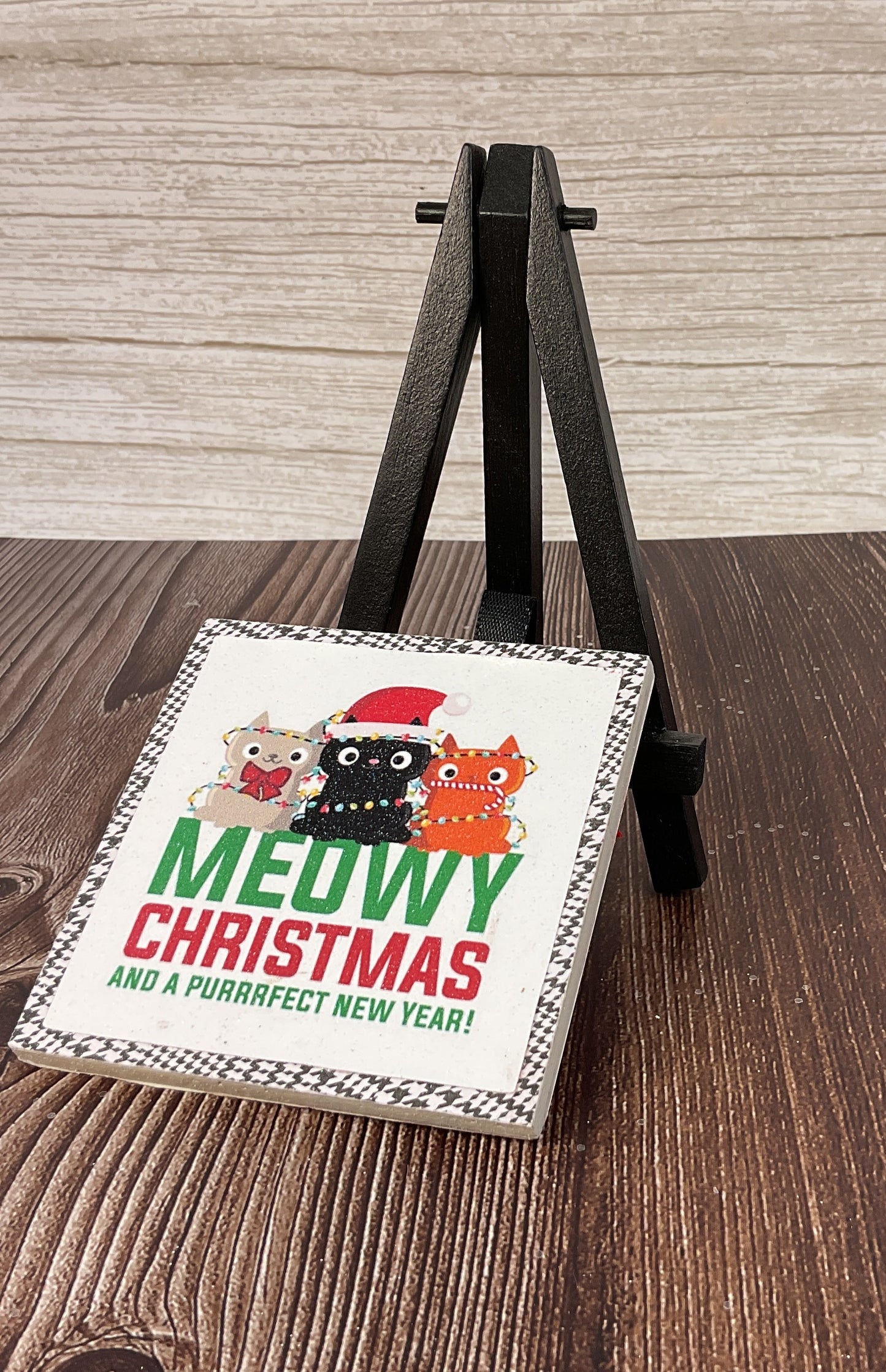 Meowy Christmas Cat Easel Sign | Mini Tiered Tray Holiday Decor