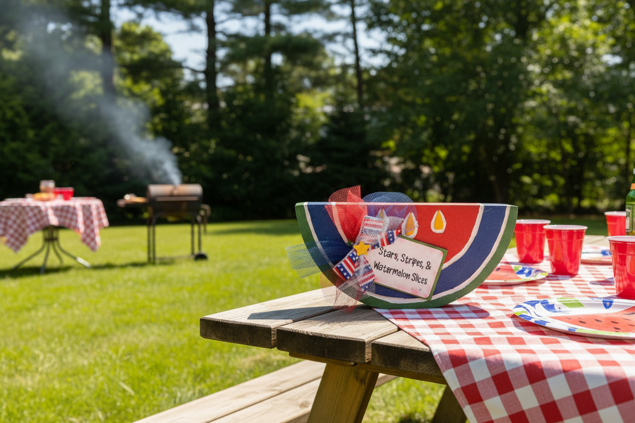 July 4th Watermelon Wood Sitter – Handcrafted Patriotic Summer Decor