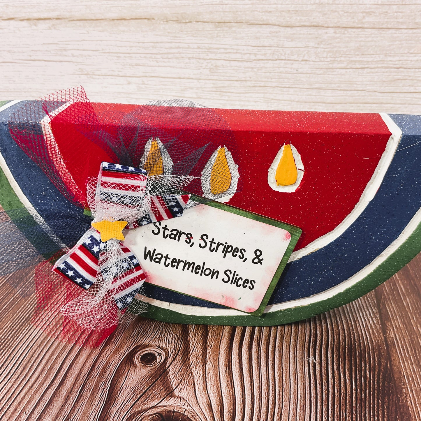 July 4th Watermelon Wood Sitter – Handcrafted Patriotic Summer Decor