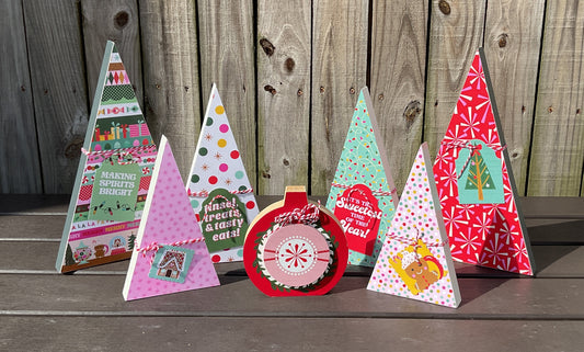 AGSD Christmas Decor - Retro Pink Blue Teal Trees Chunky Ornament 7 pc Set