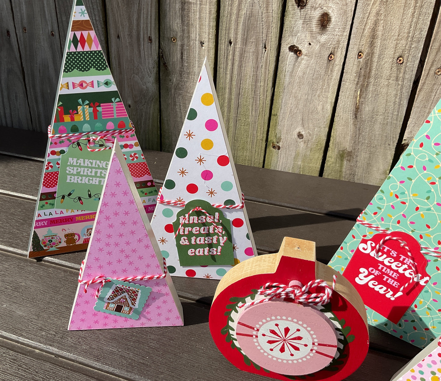 AGSD Christmas Decor - Retro Pink Blue Teal Trees Chunky Ornament 7 pc Set