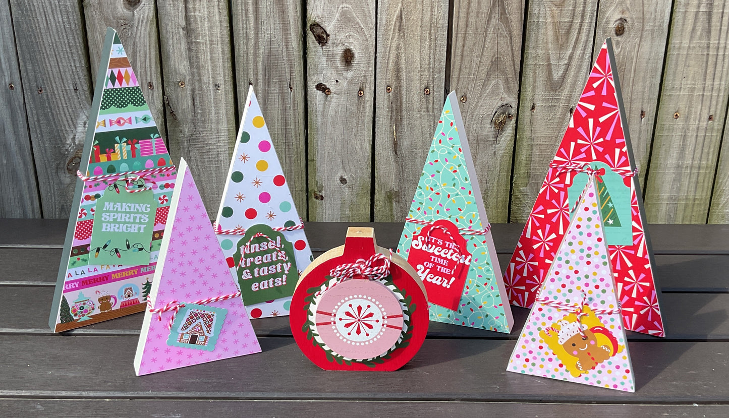 AGSD Christmas Decor - Retro Pink Blue Teal Trees Chunky Ornament 7 pc Set