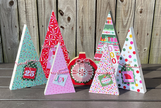AGSD Christmas Decor - Retro Pink Blue Teal Trees Chunky Ornament 7pc Set