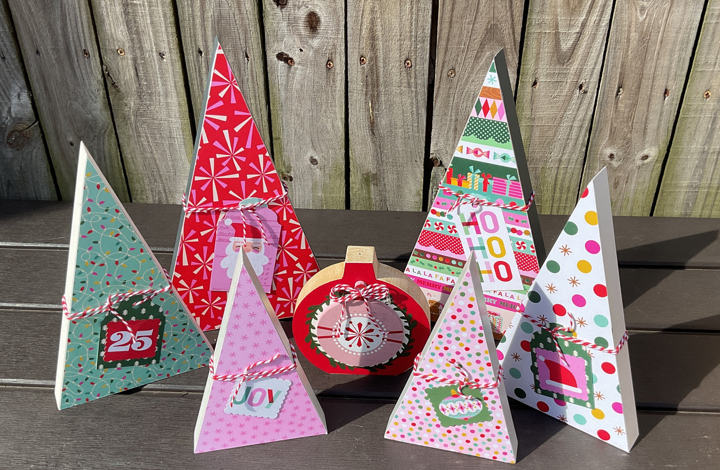 AGSD Christmas Decor - Retro Pink Blue Teal Trees Chunky Ornament 7pc Set