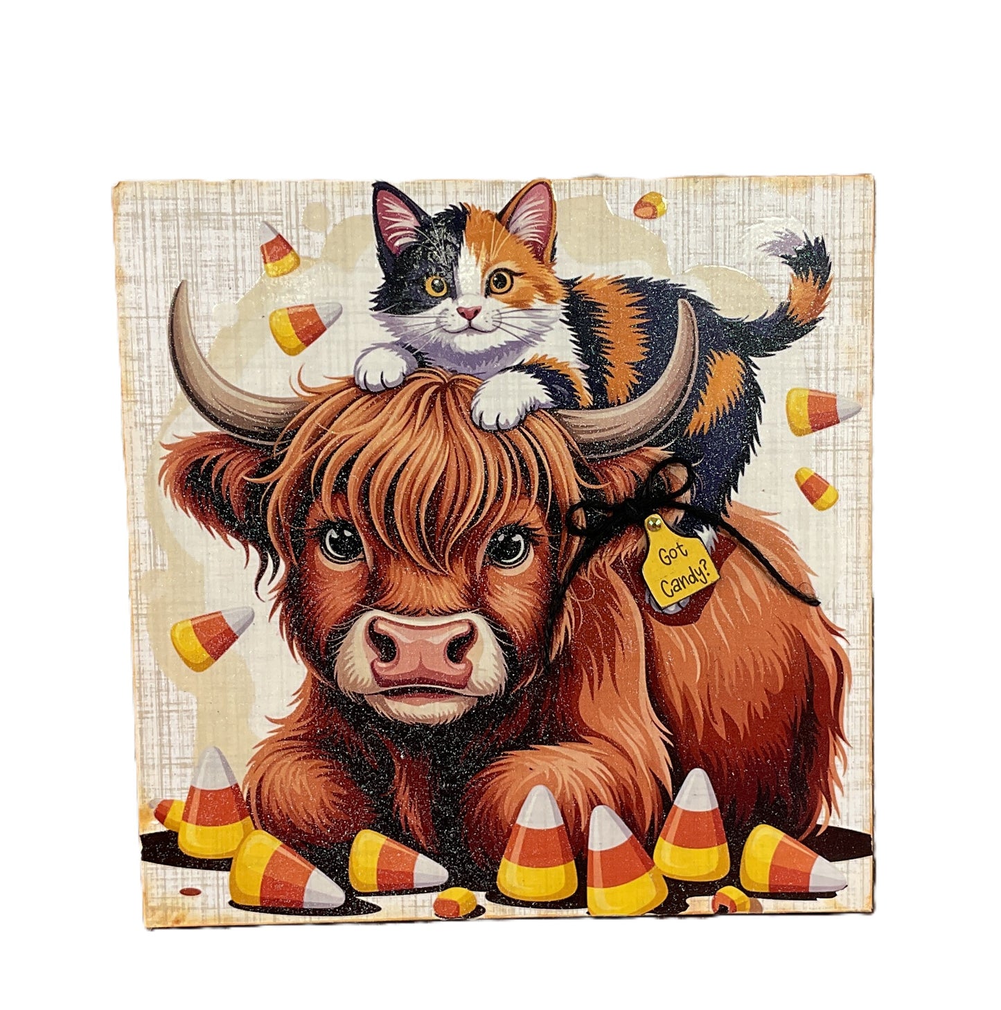 Highland Cow & Calico Cat Candy Corn Halloween Easel Sign | Whimsical Tabletop Decor