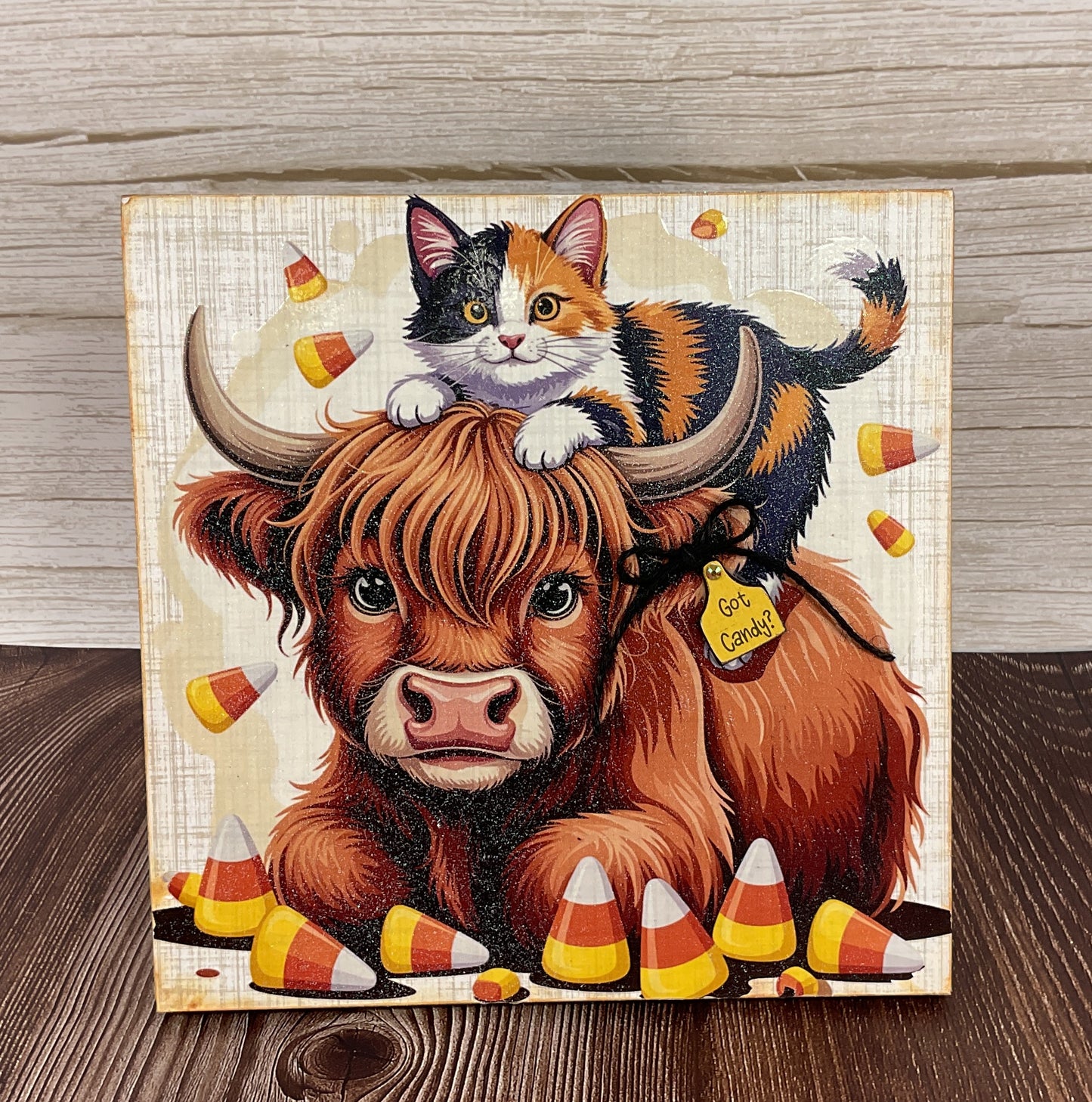 Highland Cow & Calico Cat Candy Corn Halloween Easel Sign | Whimsical Tabletop Decor