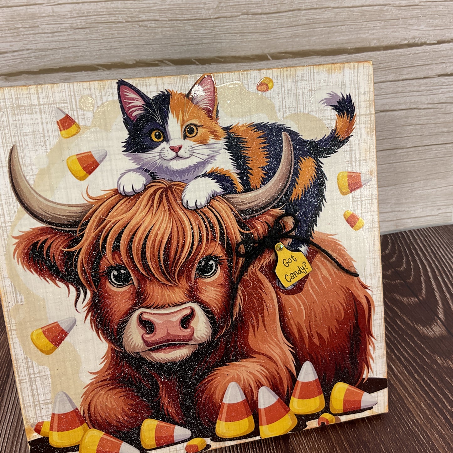 Highland Cow & Calico Cat Candy Corn Halloween Easel Sign | Whimsical Tabletop Decor