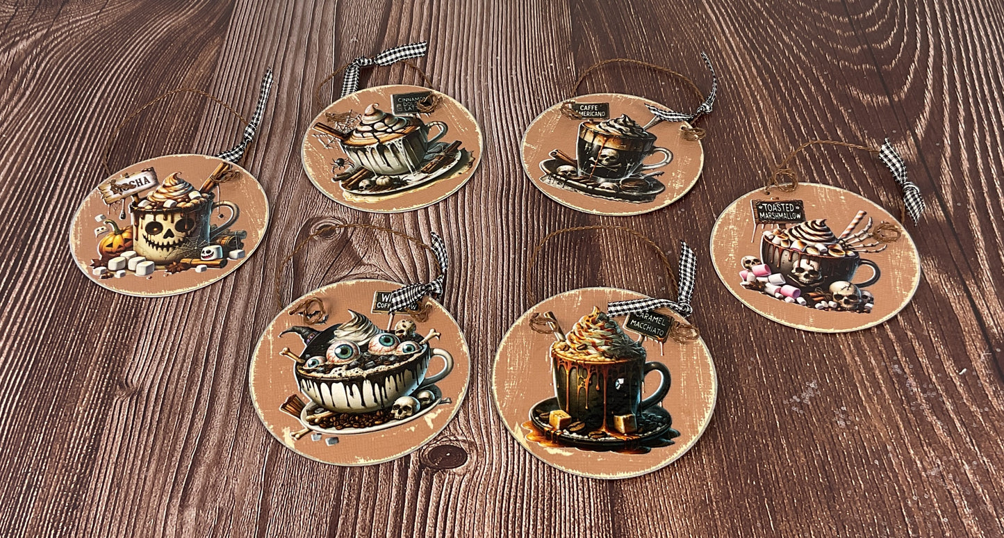 Pumpkin Latte Coffee Bar Halloween Tin Ornaments Set of 6 | Cozy Fall Tree & Garland Decor