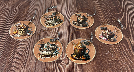 Pumpkin Latte Coffee Bar Halloween Tin Ornaments Set of 6 | Cozy Fall Tree & Garland Decor