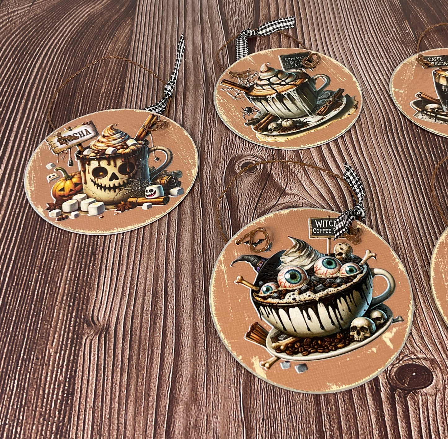 Pumpkin Latte Coffee Bar Halloween Tin Ornaments Set of 6 | Cozy Fall Tree & Garland Decor