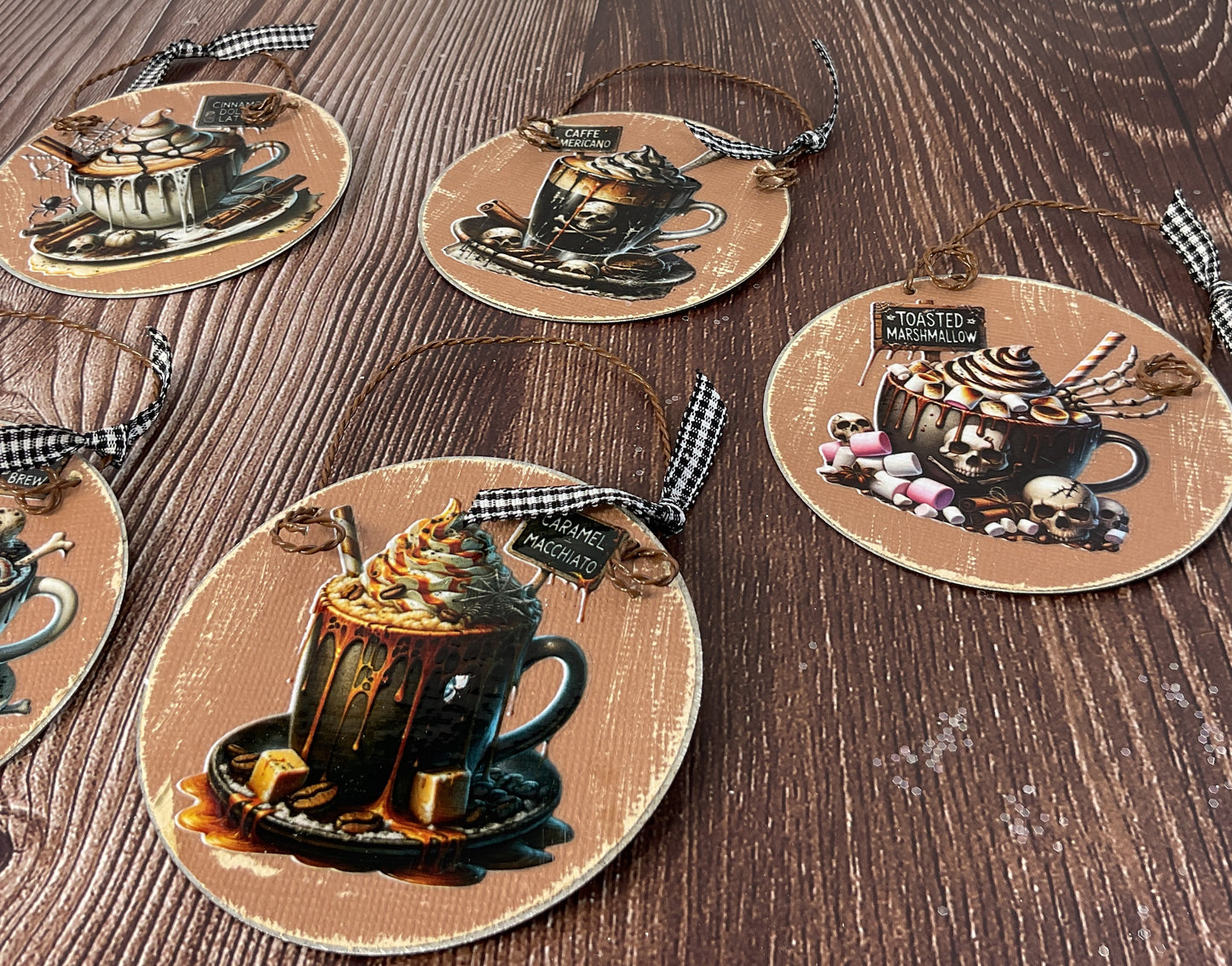 Pumpkin Latte Coffee Bar Halloween Tin Ornaments Set of 6 | Cozy Fall Tree & Garland Decor