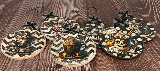 Pumpkin Latte Coffee Bar Halloween Wood Ornaments Set of 5 | Rustic Fall Tree & Garland Decor
