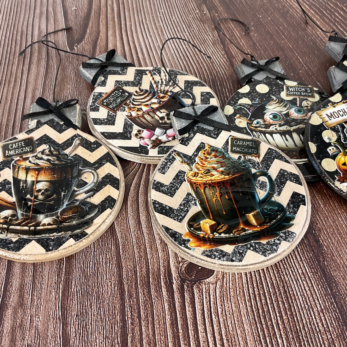 Pumpkin Latte Coffee Bar Halloween Wood Ornaments Set of 5 | Rustic Fall Tree & Garland Decor