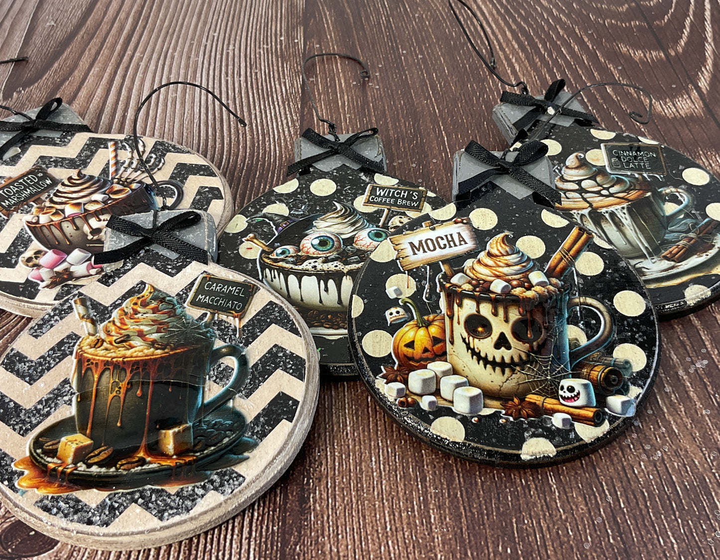 Pumpkin Latte Coffee Bar Halloween Wood Ornaments Set of 5 | Rustic Fall Tree & Garland Decor