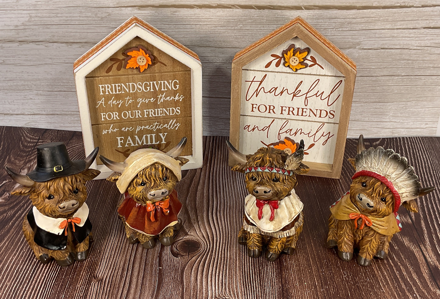 Thanksgiving Highland Cow Harvest Figurine & Sign Set – 6pc Tiered Tray Decor