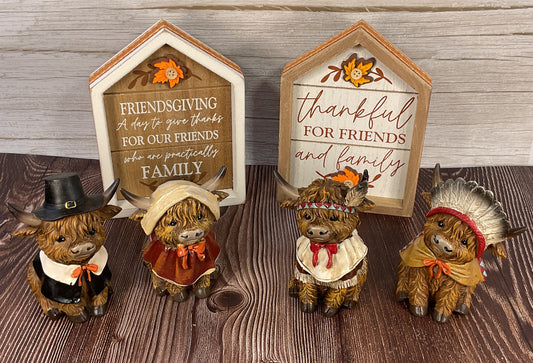Thanksgiving Highland Cow Harvest Figurine & Sign Set – 6pc Tiered Tray Decor