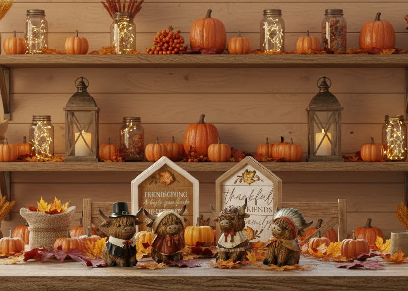 Thanksgiving Highland Cow Harvest Figurine & Sign Set – 6pc Tiered Tray Decor