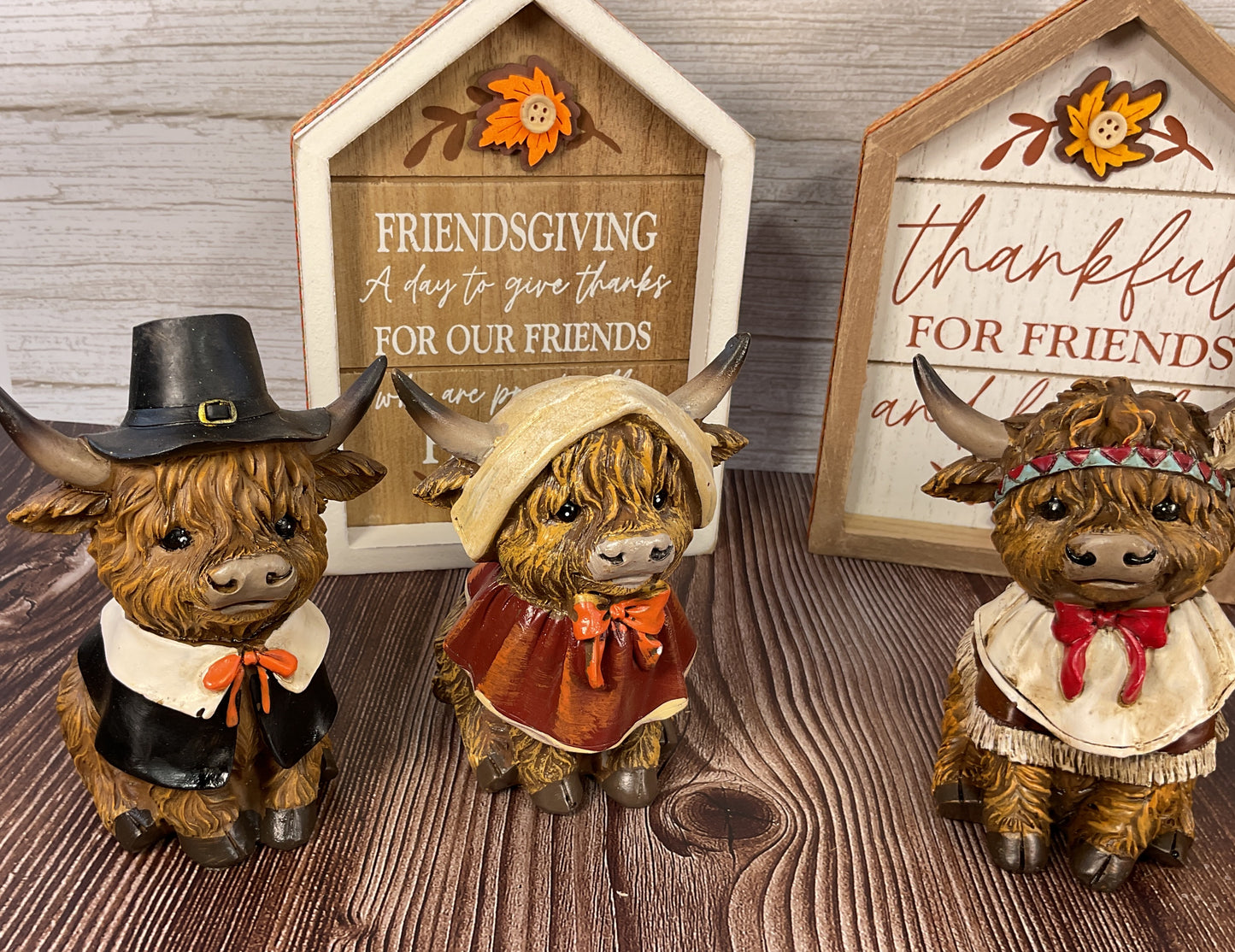 Thanksgiving Highland Cow Harvest Figurine & Sign Set – 6pc Tiered Tray Decor