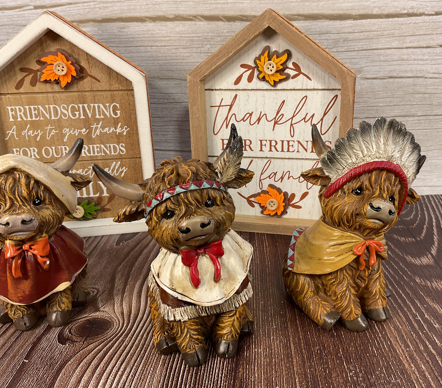 Thanksgiving Highland Cow Harvest Figurine & Sign Set – 6pc Tiered Tray Decor