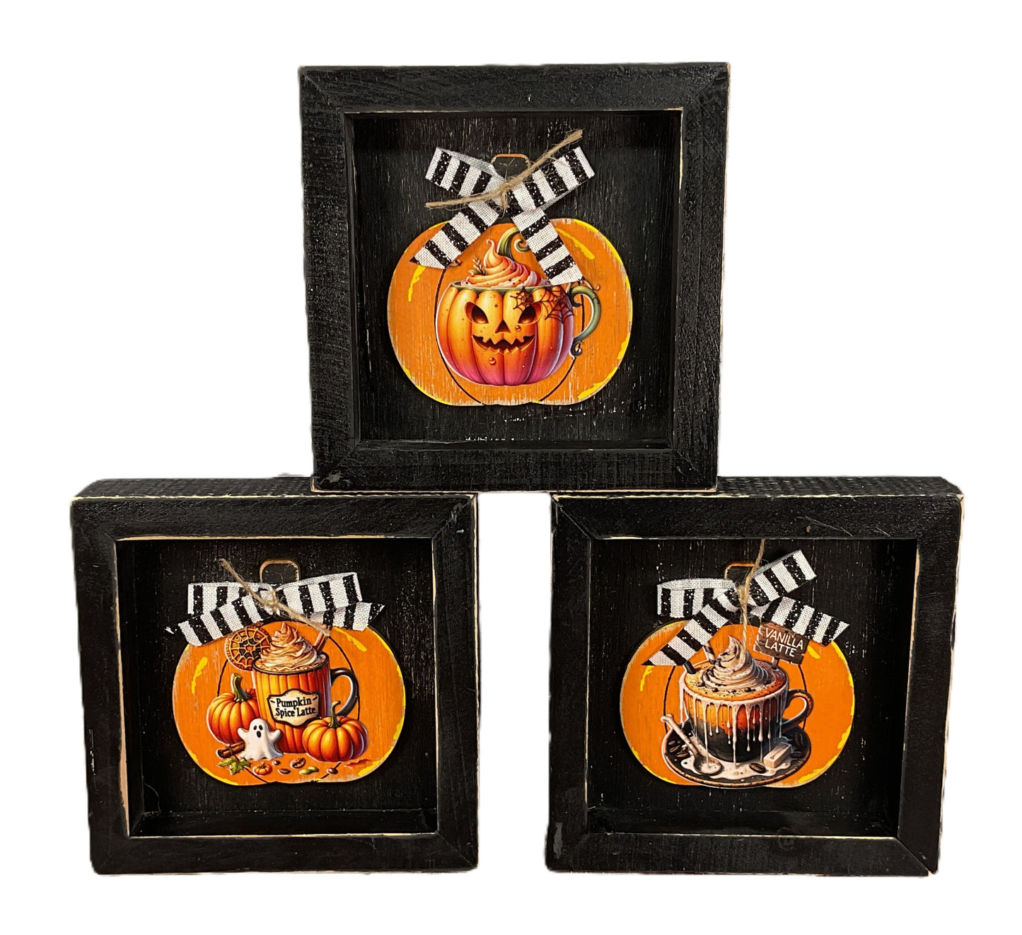 Pumpkin Latte Coffee Bar Halloween Inset Box Signs Set of 3 | Cozy Fall Tiered Tray Decor
