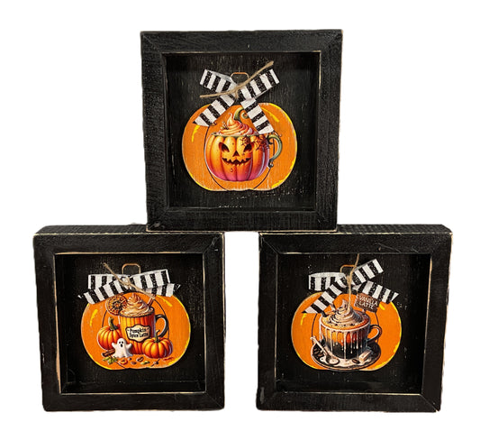 Pumpkin Latte Coffee Bar Halloween Inset Box Signs Set of 3 | Cozy Fall Tiered Tray Decor