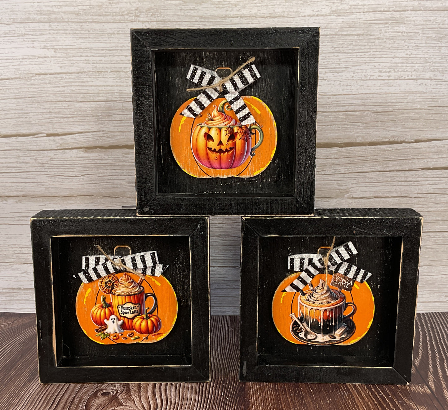 Pumpkin Latte Coffee Bar Halloween Inset Box Signs Set of 3 | Cozy Fall Tiered Tray Decor