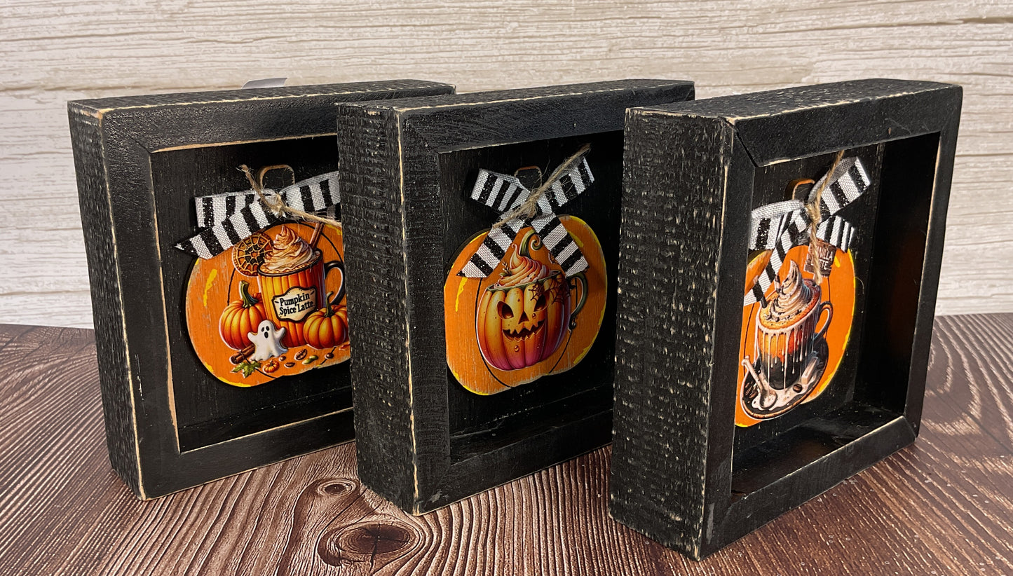 Pumpkin Latte Coffee Bar Halloween Inset Box Signs Set of 3 | Cozy Fall Tiered Tray Decor