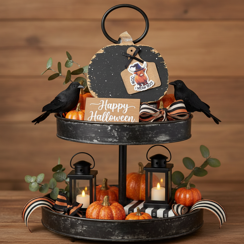 AGSD Halloween Decor - Highland Cow SM Black Pumpkin Tier Tray Sitter
