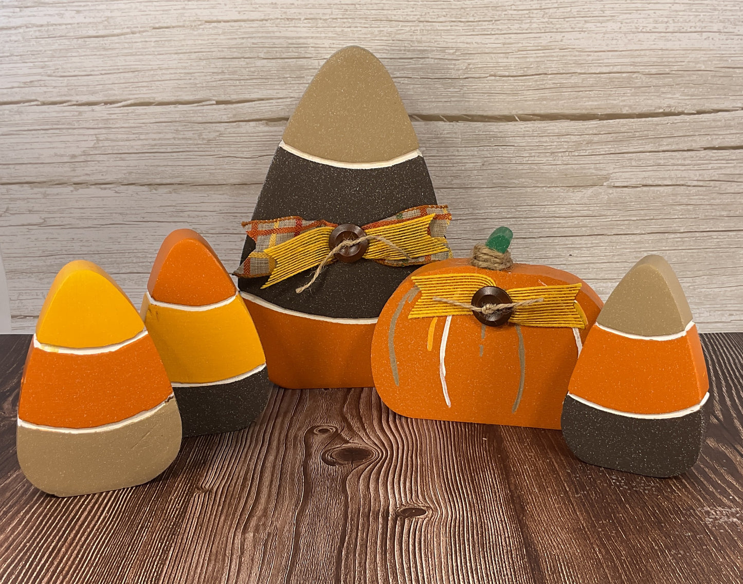 Brown Orange Harvest Candy Corn & Pumpkin Sitters Set of 5 | Halloween Tiered Tray Collection