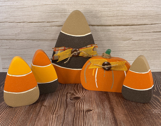 Brown Orange Harvest Candy Corn & Pumpkin Sitters Set of 5 | Halloween Tiered Tray Collection