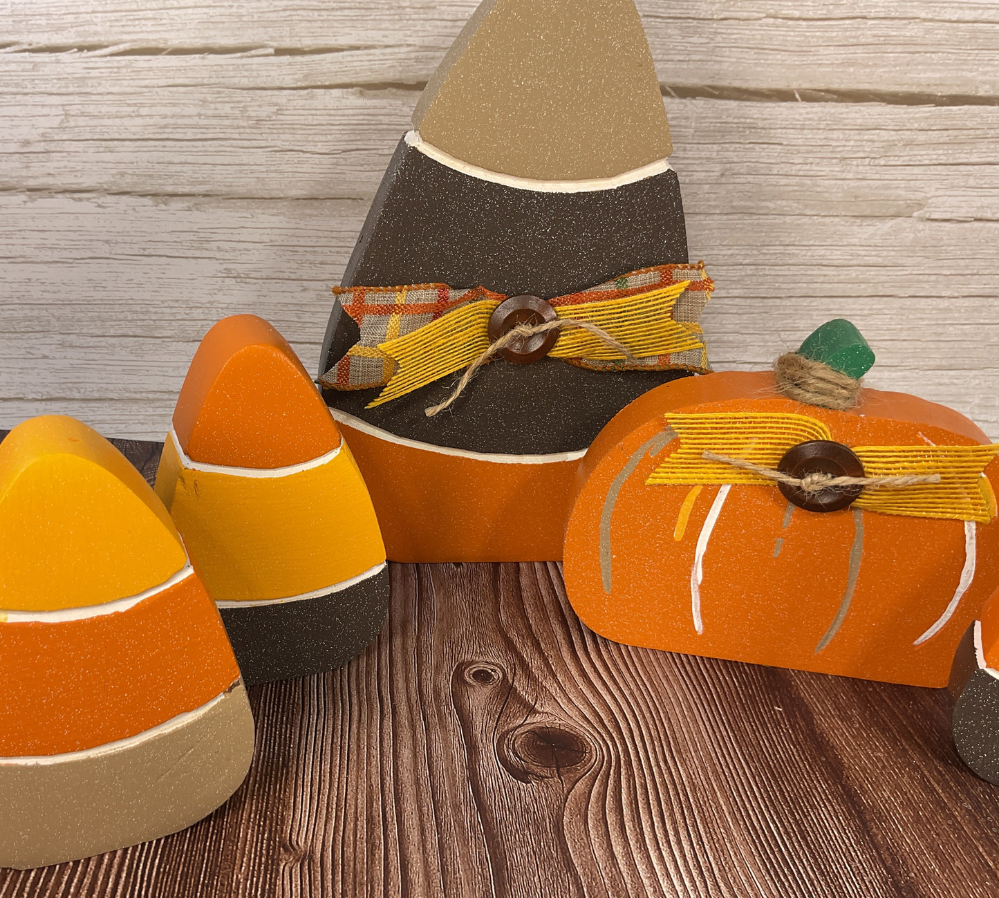 Brown Orange Harvest Candy Corn & Pumpkin Sitters Set of 5 | Halloween Tiered Tray Collection