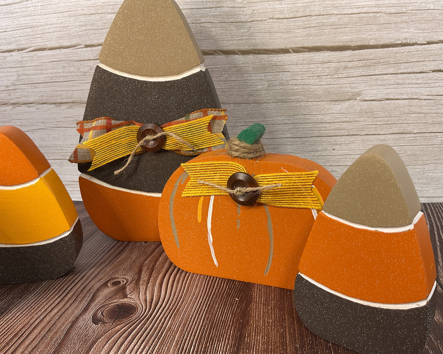 Brown Orange Harvest Candy Corn & Pumpkin Sitters Set of 5 | Halloween Tiered Tray Collection