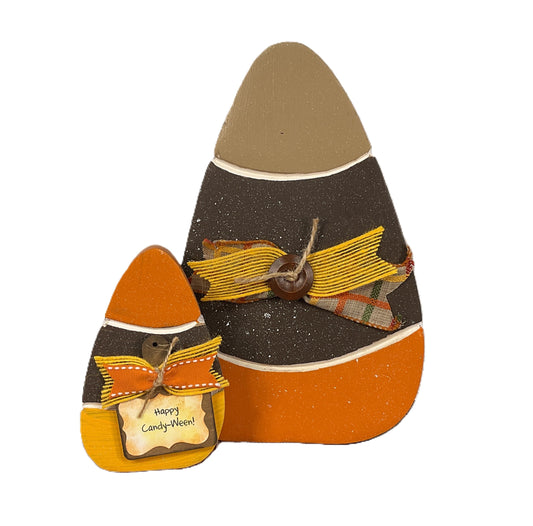 Classic Harvest Candy Corn Glitter Sitters Set of 2 | Halloween Tiered Tray & Tabletop Decor