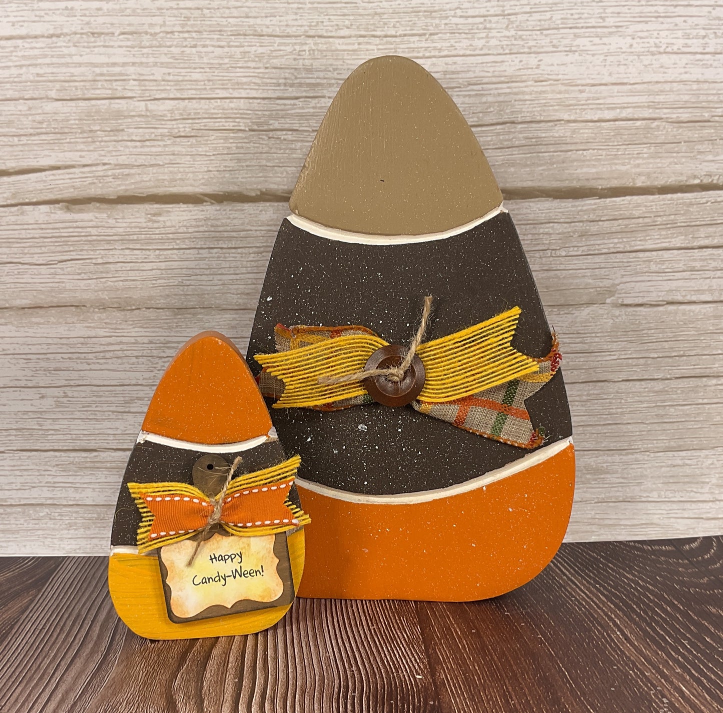 Classic Harvest Candy Corn Glitter Sitters Set of 2 | Halloween Tiered Tray & Tabletop Decor