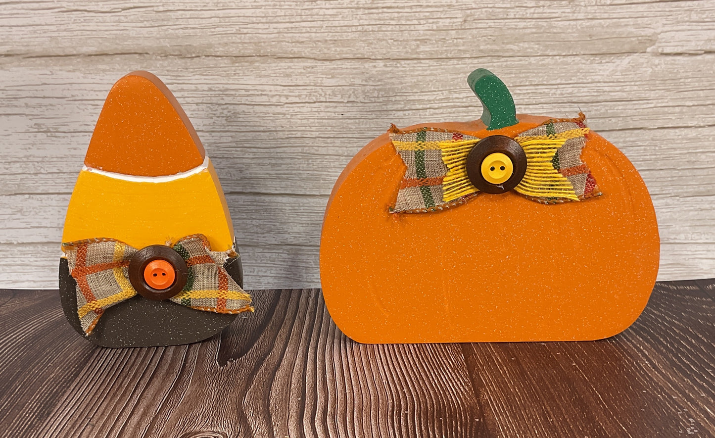 Harvest Candy Corn & Pumpkin Glitter Sitters Set of 2 | Halloween Tiered Tray Decor