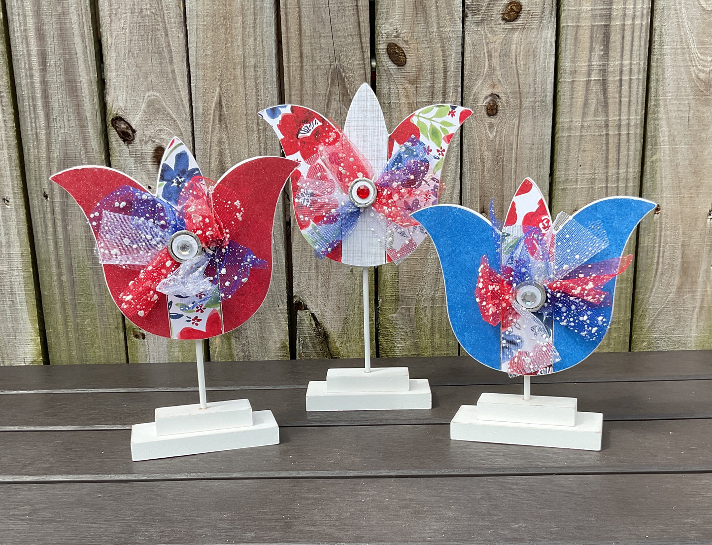 July 4th Watercolor Wood Flowers – Handcrafted Patriotic Decor 3pc Set