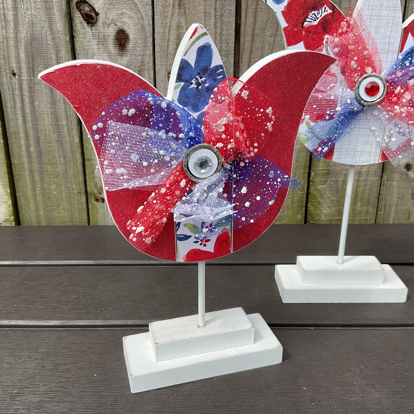 July 4th Watercolor Wood Flowers – Handcrafted Patriotic Decor 3pc Set