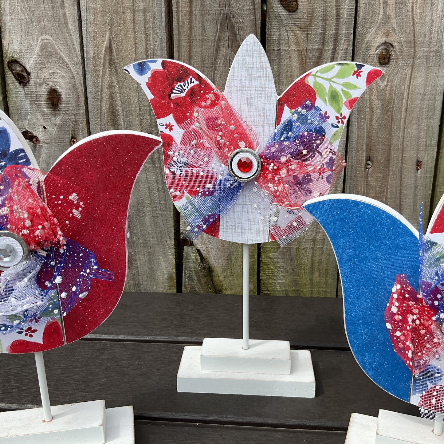 July 4th Watercolor Wood Flowers – Handcrafted Patriotic Decor 3pc Set
