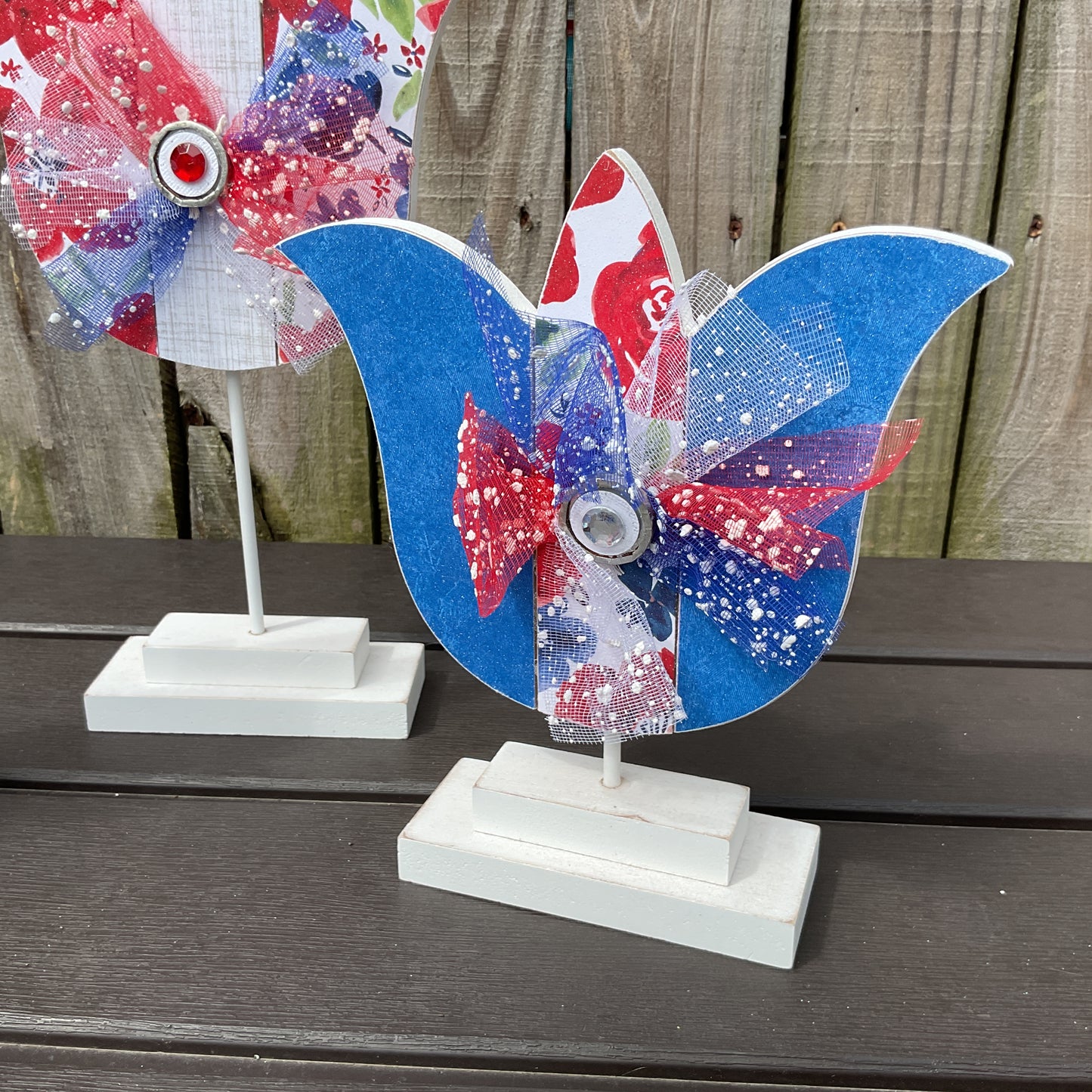 July 4th Watercolor Wood Flowers – Handcrafted Patriotic Decor 3pc Set