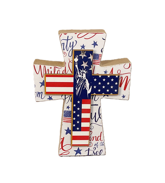 AGSD Patriotic Decor - Chunky Wood Tabletop Cross | July 4th Liberty Faith Decor