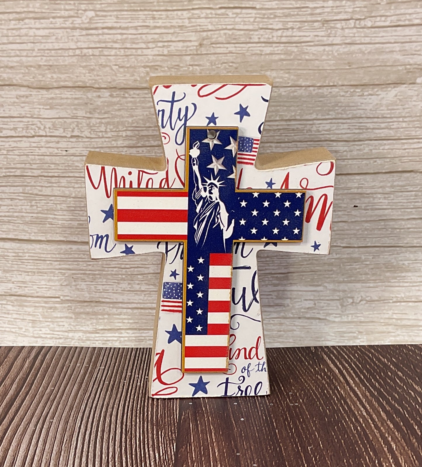 AGSD Patriotic Decor - Chunky Wood Tabletop Cross | July 4th Liberty Faith Decor