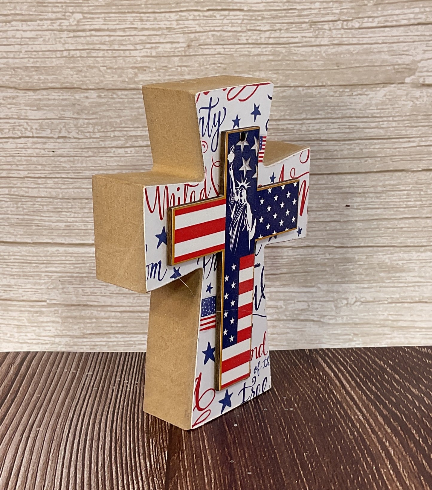 AGSD Patriotic Decor - Chunky Wood Tabletop Cross | July 4th Liberty Faith Decor