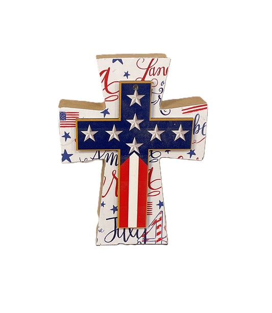 AGSD Patriotic Decor - Star, Stripe & Flag Wood Tabletop Cross | July 4th Honor & Valor