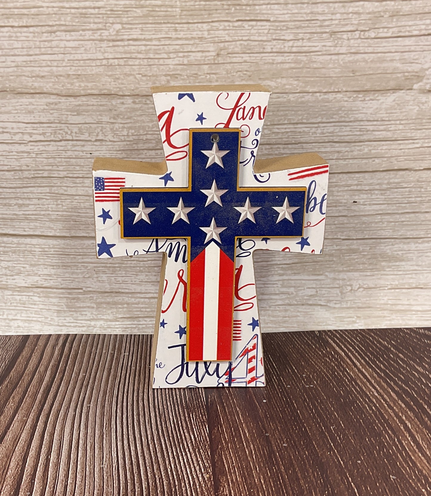 AGSD Patriotic Decor - Star, Stripe & Flag Wood Tabletop Cross | July 4th Honor & Valor