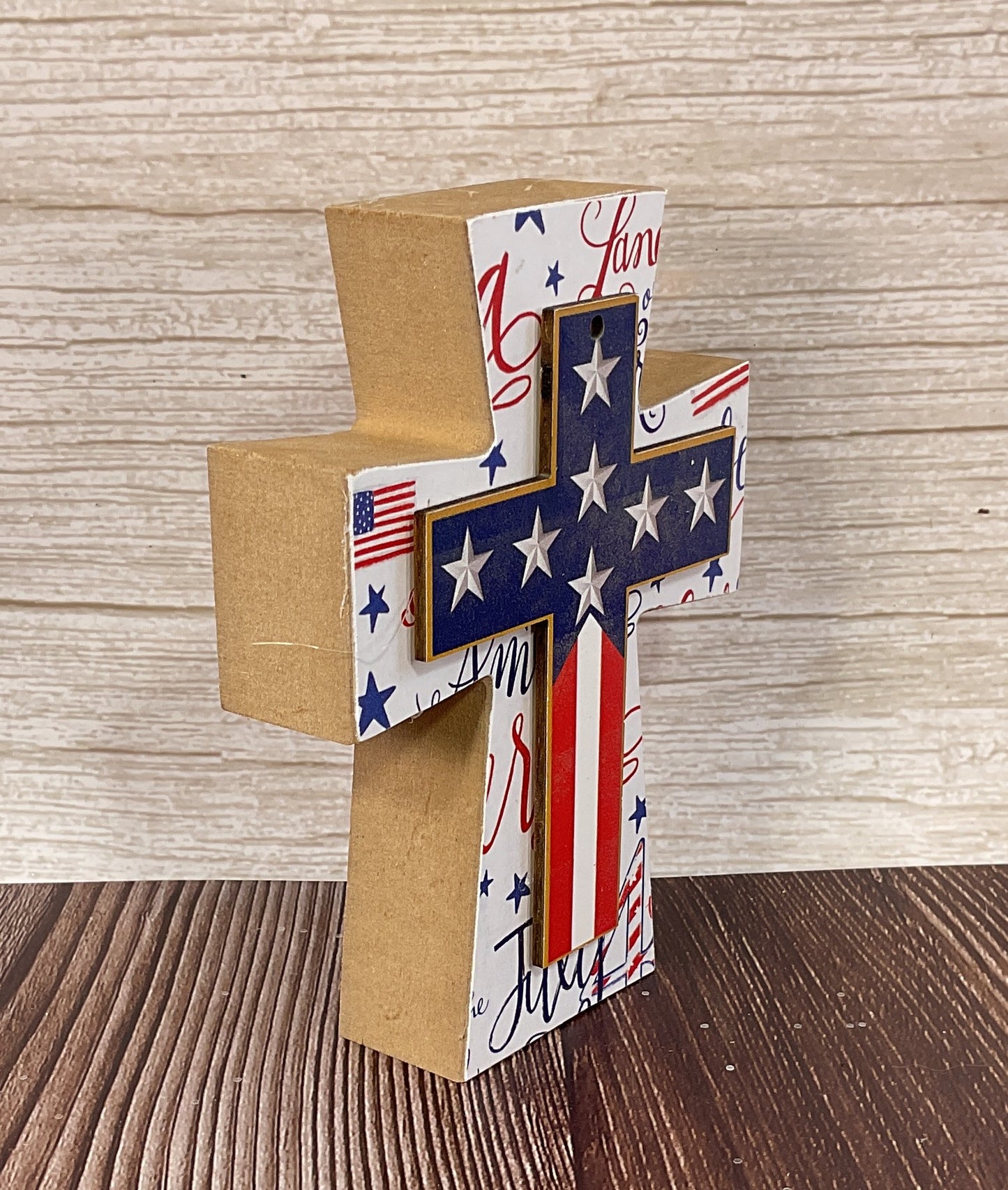 AGSD Patriotic Decor - Star, Stripe & Flag Wood Tabletop Cross | July 4th Honor & Valor