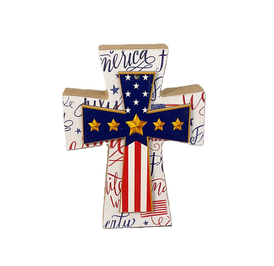 AGSD Patriotic Decor - Medal Star Draped Flag Wood Tabletop Cross | July 4th