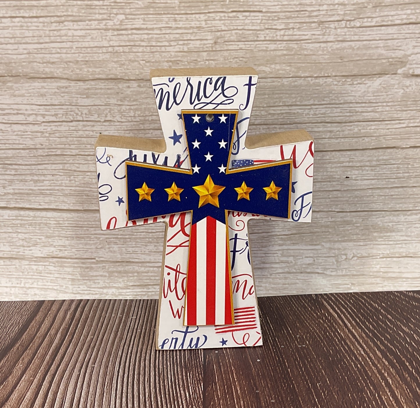 AGSD Patriotic Decor - Medal Star Draped Flag Wood Tabletop Cross | July 4th